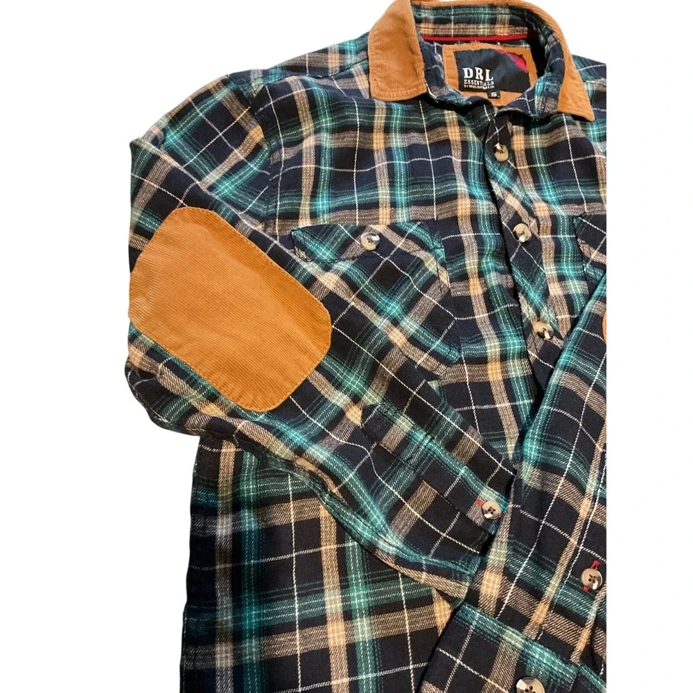 DRL‎ Essentials Plaid Flannel Corduroy Collar Elbow Patch Button Up Shirt Size S